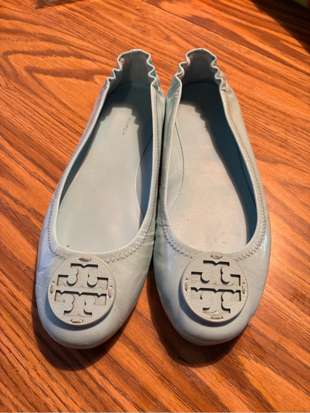 Tory Burch Pale Blue patent Leather Logo Ballet Flats